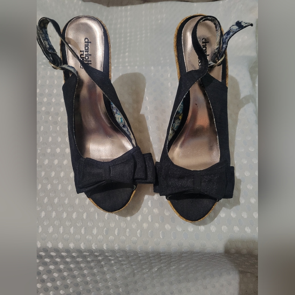 Womens Black & Corked Wedged Shoes with Bows